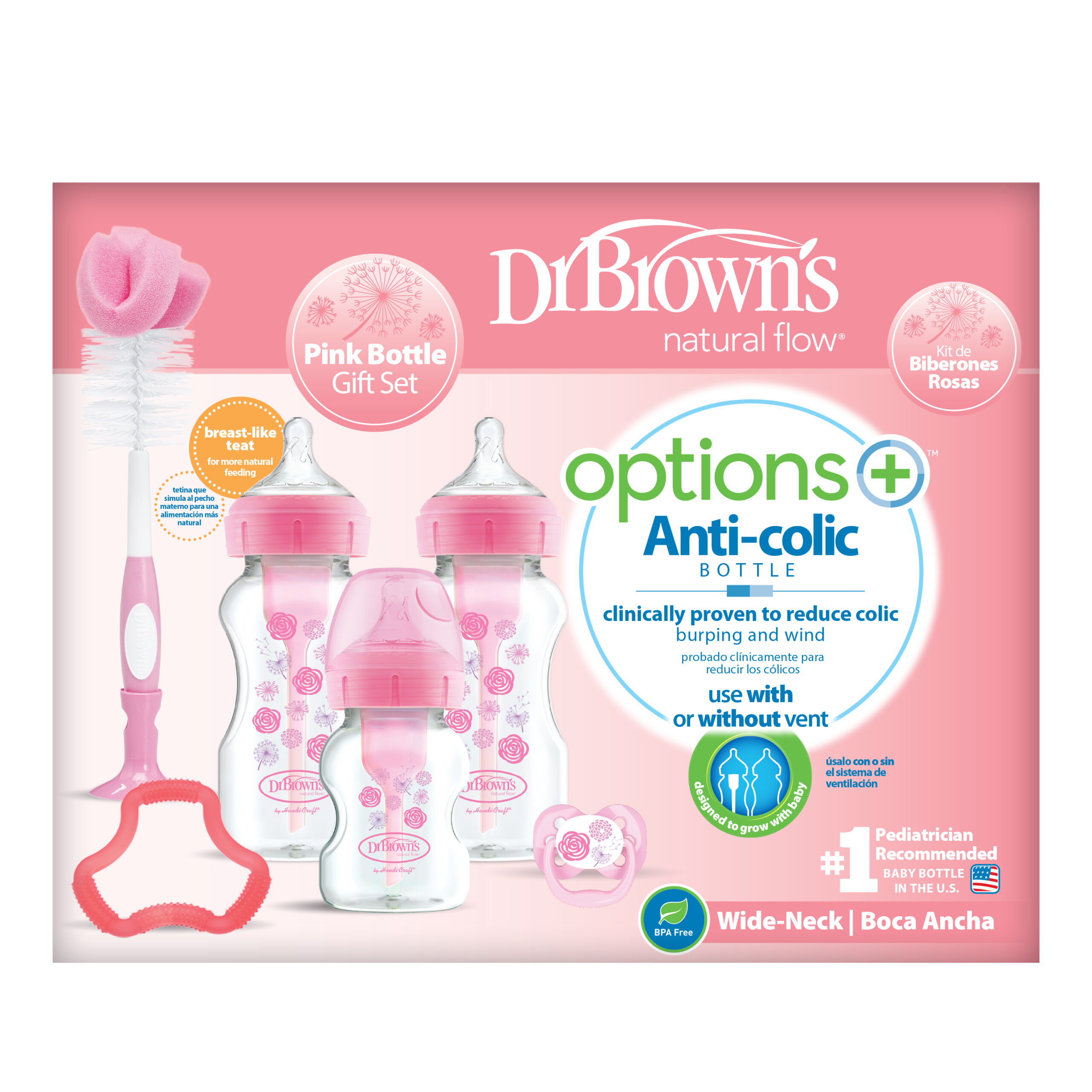 Dr. Brown's Anti-colic Bottle Giftset | Brede halsfles roze • Dr.