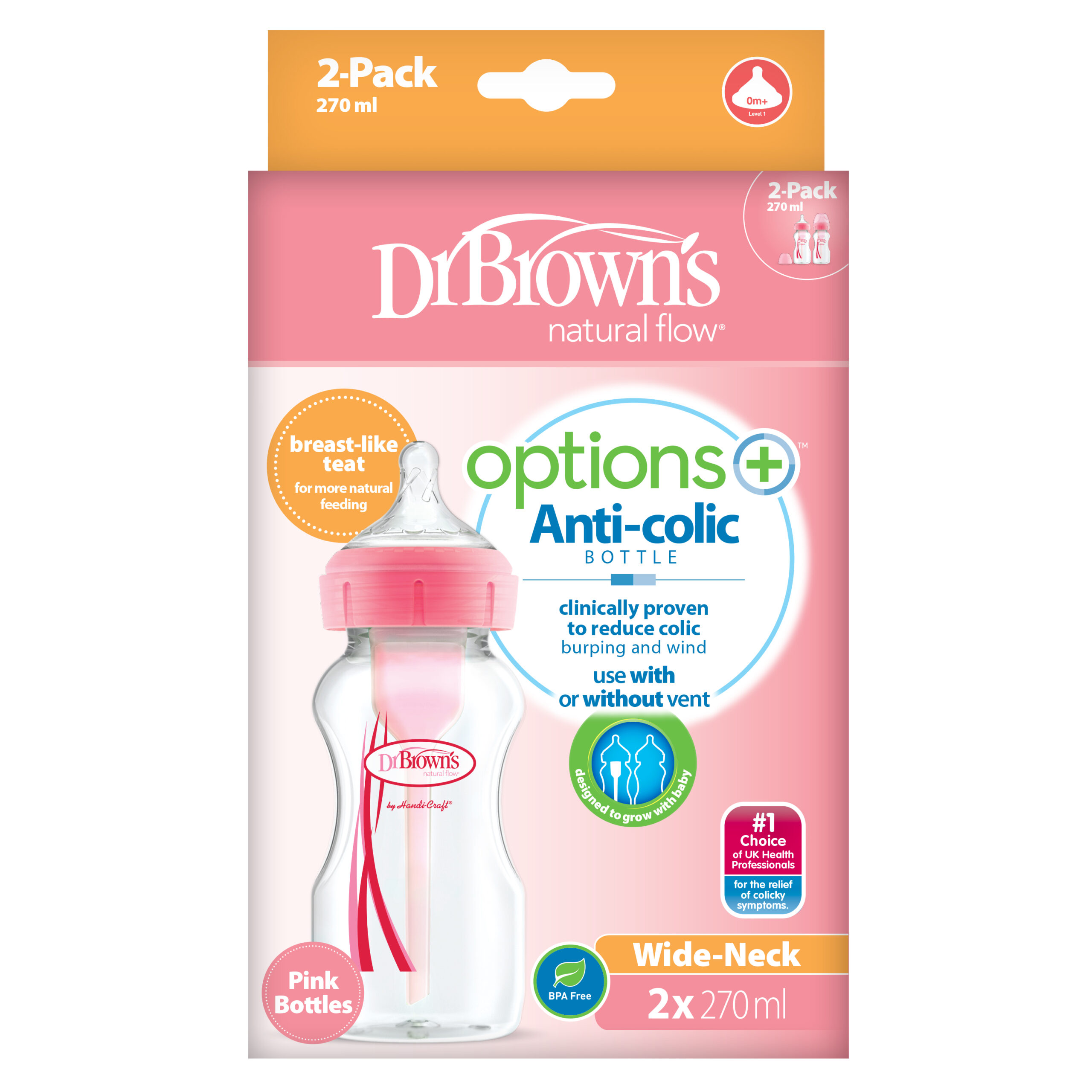 nood vrede premier Dr. Brown's Options+ Anti-colic Bottle 2-pack | Brede halsfles roze 270 ml  • Dr. Brown's